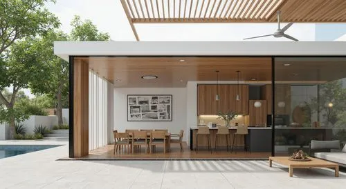 A photo-realistic rendering of a modern, minimalist house with a contemporary design. the house has a white exterior with wooden slats on the ceiling, and a large, abstract painting hanging on the wal