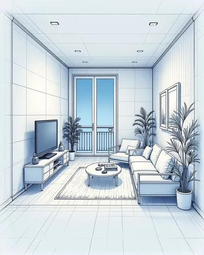 "Design a cozy 3x4 meter room with a door on the longer wall and a glass door to a balcony on the left wall as you enter. The room should include a television setup for watching movies and sports, a L