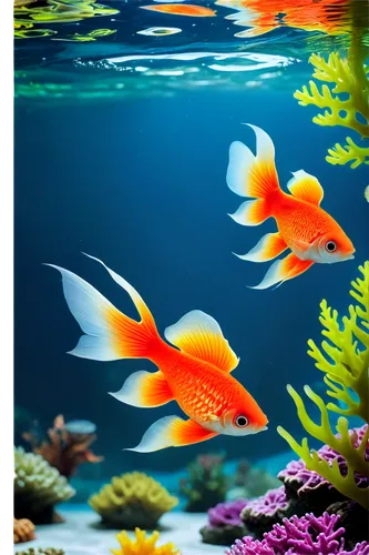 Aquatic scene, colorful fish, various species, coral reef, seaweed, ocean plants, transparent glass wall, water ripple effect, softbox lighting, 3/4 composition, shallow depth of field, vibrant color 