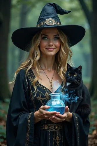 book page layout, illustration, norse patterns, black, silver and gold, Art Nouveau style, full body, beautiful witch,  imponent, blond hair, blue eyes, ethereal, beautiful, stunning, luminous, perfec