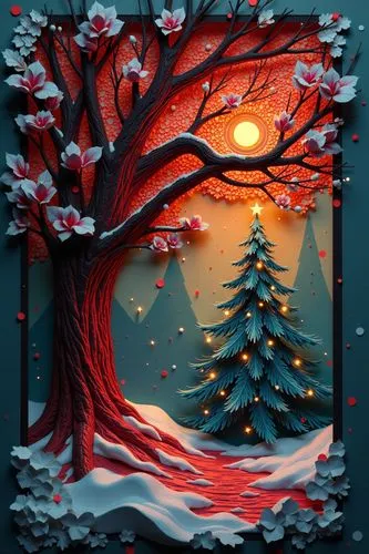 An abstract design using torn paper in Christmas colors, creating a unique pattern to form an image of a Christmas Tree in the winter time. Hyper-maximalism ▪ Ultra-detailed photorealistic ▪ Insane cl
