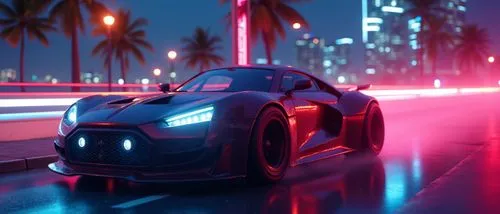 miami beach,cyberpunk car,girls on street car racing,a dark car on the street with pink light,outrun,night lights,racing road,neon arrows,light track,tron,corvette,racer,night highway,electric,neon,ri