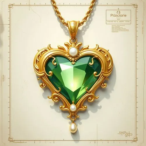 A gold and green gemstone necklace with eyes, digital painting in the style of Sailor Moon. The pendant is adorned with pearls and diamonds. It has an elegant design with swirling patterns that resemb