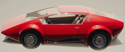 auto italiano estilo lamborghini de los años 70  , enm foma de cuña , color rojo brillante , sobre un fondo neutro . Con muy buena calidad constrauctiva y essemrados detalles de diseño ,an old red car