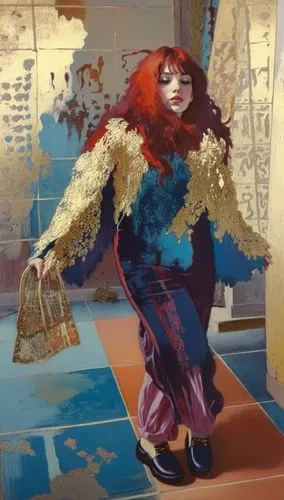 an artistic painting of a woman wearing gold,glass painting,transistor,painter doll,fabric painting,artist's mannequin,art