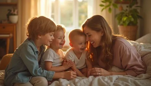  "Uma mãe e seus filhos rindo juntos em casa, com uma paleta de cores quentes e acolhedoras, detalhes em luz natural entrando pela janela para transmitir amor e conexão familiar.",mother and three chi