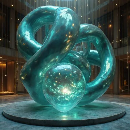 A colossal, gravity-defying abstract sculpture floating above a reflective marble platform. The structure twists and spirals in fluid, organic curves that seamlessly blend into sharp, geometric angles