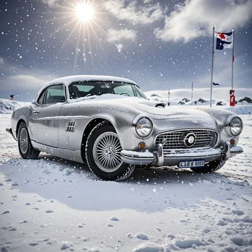 silver-metallic, drifting, south pole, heavy snow, sunny day,a silver vintage car is sitting in snow,alpine style,auto union,winter tires,classic cars,classic car,vintage cars,car wallpapers,vintage c