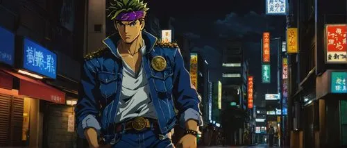 Stand creator, Jojo's Bizarre Adventure, Jotaro Kujo, confident pose, sharp eyes, spiky hair, casual clothes, denim jacket, white shirt, blue jeans, sneakers, dramatic lighting, intense atmosphere, ci