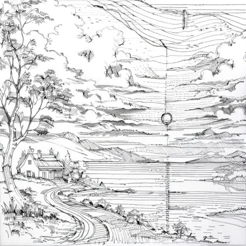 panoramical,sheet drawing,landscape plan,orrery,brook landscape,hand-drawn illustration,pencil and paper,landscape,landscape with sea,pencil lines,tsukemono,game drawing,frame drawing,airships,pen dra