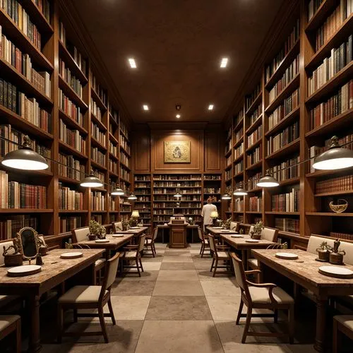 Warm wooden shelves, rich leather bindings, vintage metal lamps, cozy reading nooks, earthy tone walls, muted academic plaques, sophisticated marble countertops, comfortable plush armchairs, elegant w