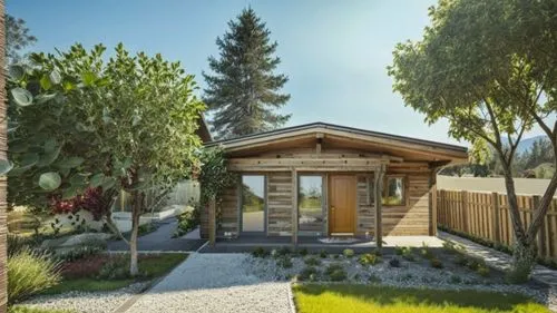 small modern house surrounded by a garden.
 Gray roof.,a building with a wooden walkway leading to the front door,small cabin,bungalow,bungalows,garden elevation,inverted cottage,log cabin,wooden hous