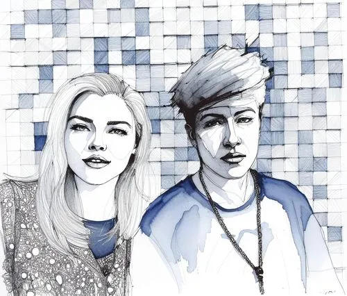 a drawing of two women with a brick wall,fan art,pop art people,edit icon,young couple,broods,shipped