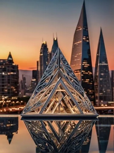 Architectural triangle, modern skyscraper, triangular structure, glass façade, metallic frame, urban cityscape, busy street, evening time, warm lighting, dramatic shadows, detailed reflections on glas