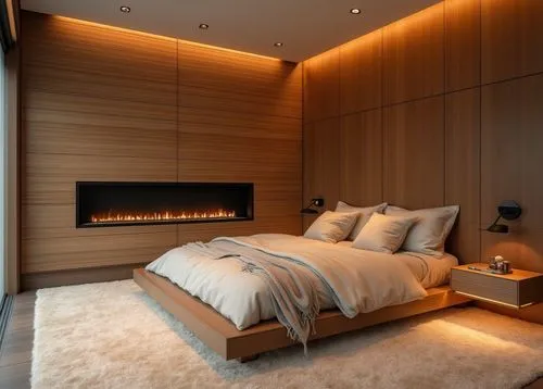 A modern bedroom with warm wood accents, featuring a horizontal fireplace integrated into the wooden wall, a soft beige bed with plush pillows, soft carpet flooring, recessed ceiling lighting, cozy an