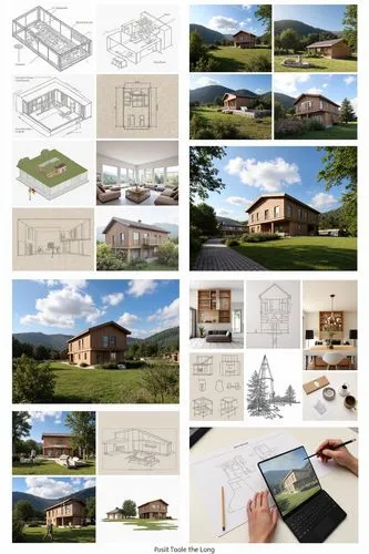 A collage of different pieces: Drawings, sketches, pictures of visualization of a stylistic interior made of wood in a residential building, a laptop, pencils, paper, photos of the mountains of Transc