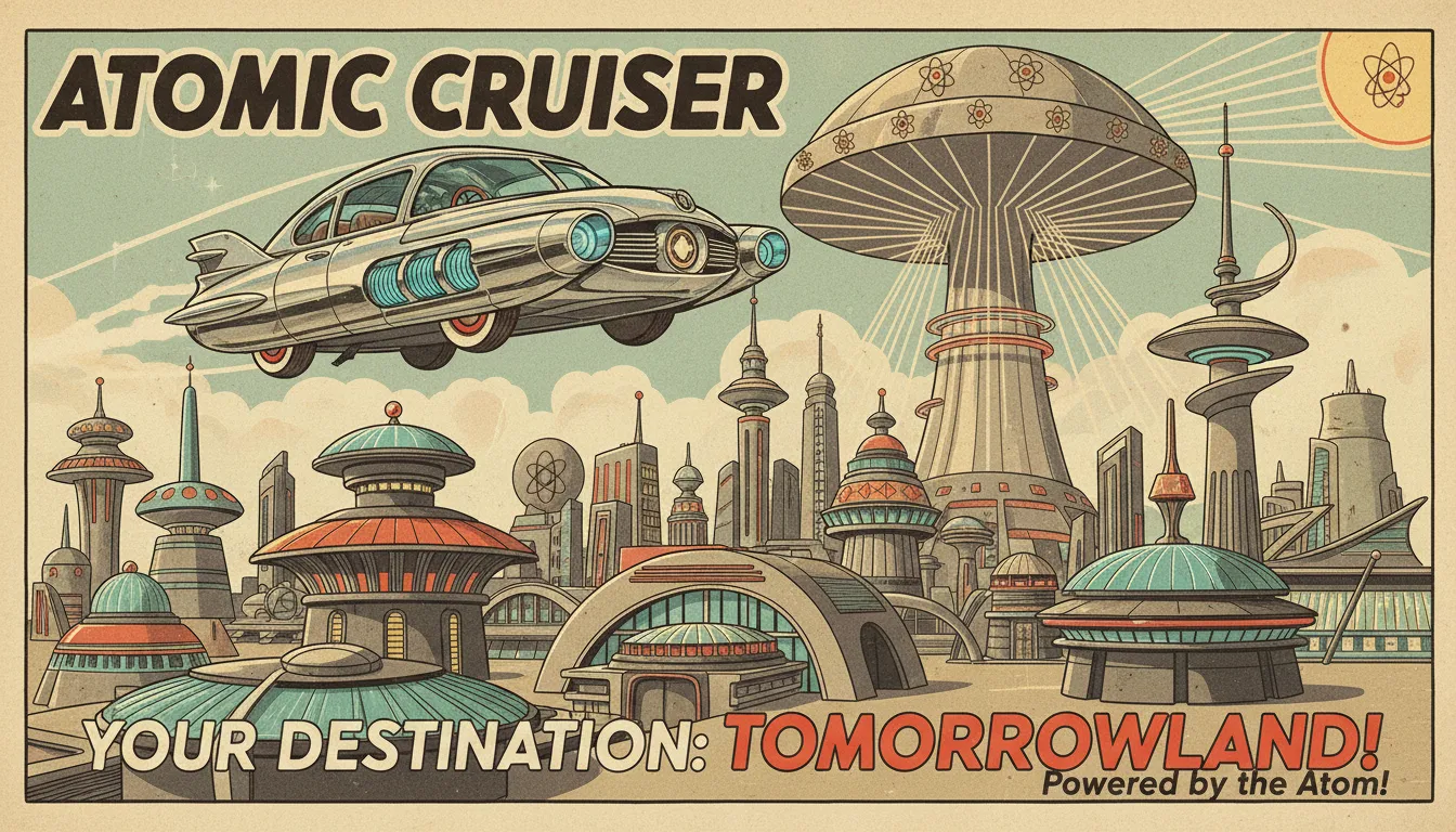 Un poster Atompunk generato dall'AI che mostra un'elegante auto volante sfrecciare sopra una città futuristica con architettura Googie.