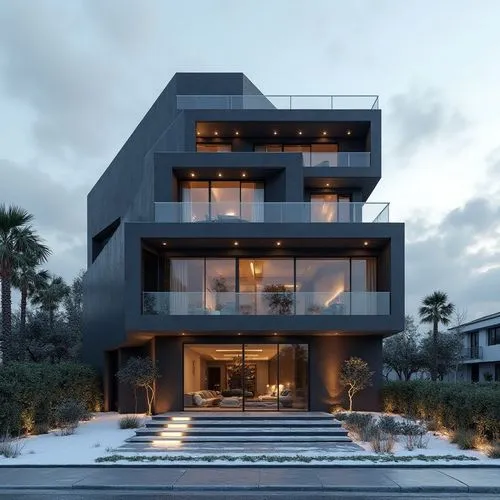 A contemporary, multi-story luxury residence showcasing a bold, geometric composition of stacked rectangular volumes in deep charcoal and slate hues. The façade features sleek glass railings, spacious