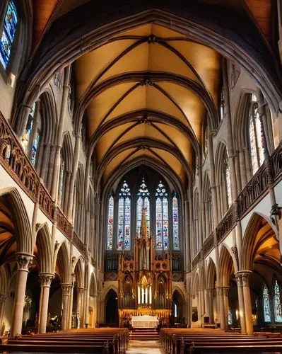 Gothic church, grandiose, intricate stone carvings, stunning stained glass windows, towering spires, ornate entrance doors, heavy wooden pews, vibrant frescoes on ceilings, majestic pipe organ, solemn