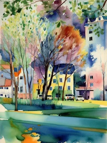 Акварель, весенняя листва, дома,painting of houses near a river in autumn,watercolor,watercolor shops,watercolor painting,watercolor cafe,watercolor tree,water color
