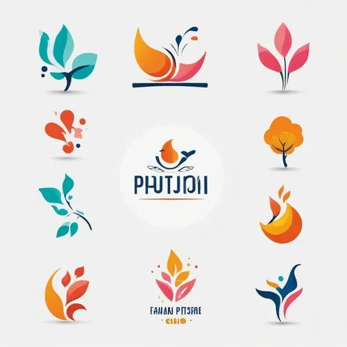 Develop playful logos with vibrant colors, whimsical icons, and joyful elements. Design a lively ambiance for a fun and cheerful brand identity.,fruits icons,fruit icons,plants in pots,leaf icons,grow