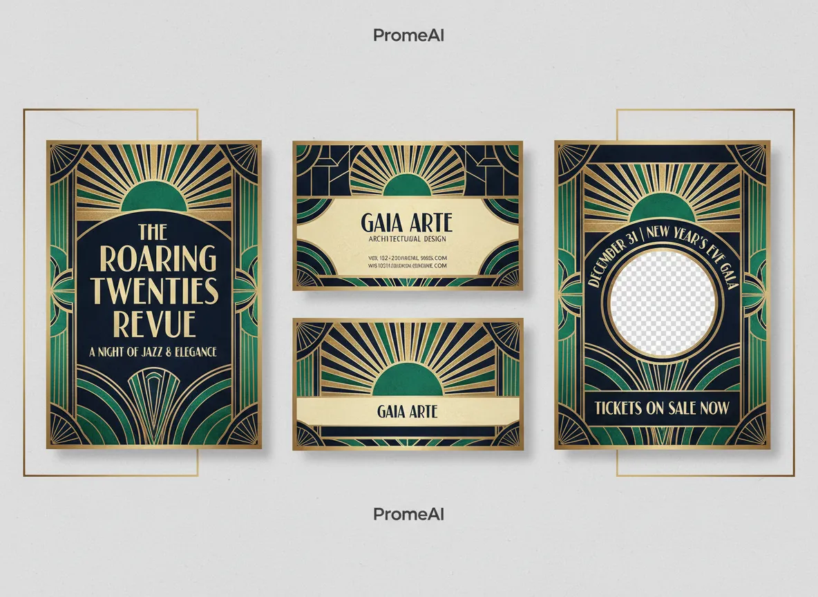 Un collage che mostra un design Art Déco generato da PromeAI applicato a un manifesto, un biglietto da visita e un banner per i social media.