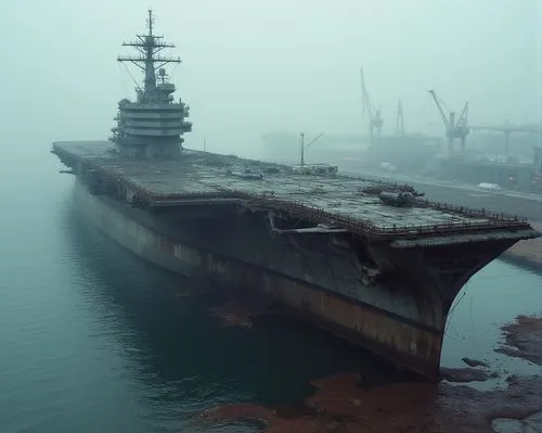 一艘正在充滿油汙,雜亂的軍港等待拆卸的航空母艦,a battleship in the ocean surrounded by cranes,uss carl vinson,aircraft carrier,uss kitty hawk,cvn,drydock,liaoning