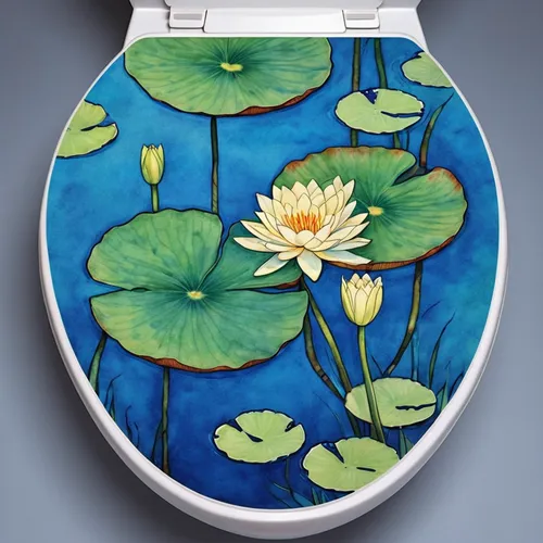Toilet Tattoos, Toilet Seat Cover Decal, Lily Pads Blue, Size Round,water lily plate,water lotus,water lilies,white water lilies,lotus on pond,lotus flowers,lotuses,water lilly,lotus pond,lily pads,la