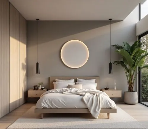 a modern bed with a round frame in a neutral room,modern room,bedroom,modern decor,wall lamp,contemporary decor,wall light,guest room,bedrooms,wall clock,interior design,floor lamp,interior modern des