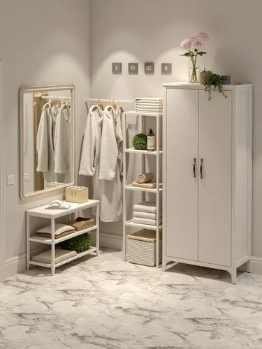 Фотография 4К прихожая с красивым зеркалом, пол натуральный мрамор, 
,an empty closet is organized and has three cabinets,walk-in closet,storage cabinet,mudroom,dressing table,cabinetry,vanities,wardr