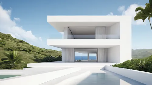  Fran Silvestre White minimalist architecture, minimal design elements, rendering, Light Uspscaler at Finish tropical landscape puerto rico ocean views at horizon realistic architecture and views. mad