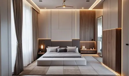 interior room render, tv unit and dresser  is in louvers, use light colors, add realistic  materials according to the reference, add lighting
,a modern bedroom with lots of windows and white walls,int