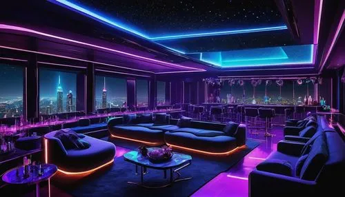 Neon-lit night club, futuristic architecture, LED lights wrapped around building, metallic structure, sleek lines, angular shapes, glossy floor, DJ stage, flashing strobe lights, fog machines, laser b