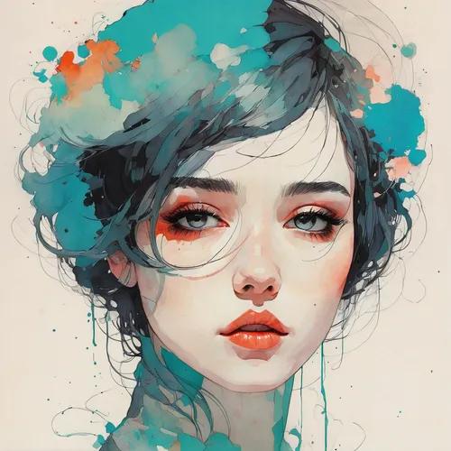 Improve the resolution and restore the image's fine details,watercolor blue,geisha girl,mystical portrait of a girl,geisha,transistor,fantasy portrait,girl portrait,fashion illustration,boho art,illus