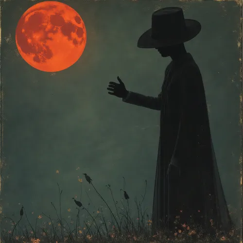 a person wearing a hat, dress and holding his hand out, in front of a big red moon,bram stoker,grimshaw,samhain,moonlighters,witchfinder,myrddin,the night of kupala,nightwatchman,moonshadow,violinist 