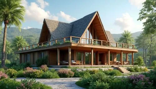 A beautiful one-story modern tropical house with a steep pointed roof, elegant wooden balcony, large glass windows, spacious veranda, natural stone walls, surrounded by lush green garden and colorful 