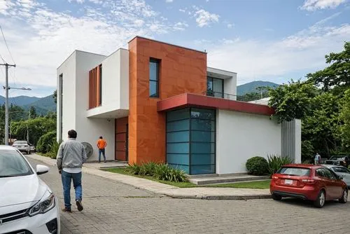 A photo-realistic rendering of a modern two-story building with a combination of white and orange colors. the building has a rectangular shape with a flat roof and large windows on both sides. The ext