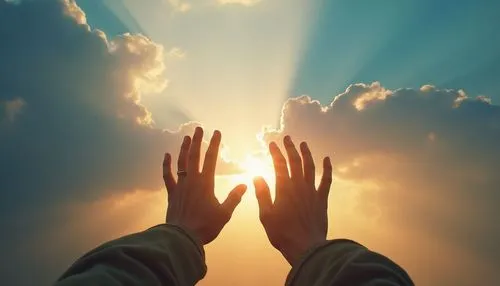Hands lifted skyward against a brilliant morning sky, sun rays piercing through clouds. Epic composition, rich color grading.,someone's hands are raised above a sun in the sky,praying hands,divine hea