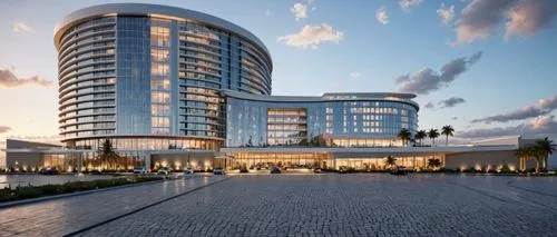photo realistic render of an exotic hotel resort, warm sunset render, cars parked infront, bright warm interior lighting lights up the hotel,glass windows on the top floors of the hotel, warm interior