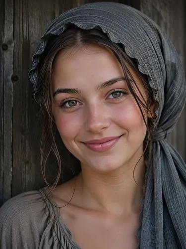 Hyper-realistic close-up portrait of a smiling young woman with green eyes, dewy natural skin, and glossy lips. She wears a muted grey textured fabric headscarf. Blurred dark weathered wooden plank ba