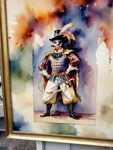 Мужчина в театральном костюме и гриме,an old painting on display with a painted picture,chevalier,pirate,minuteman,painting,musketry,napoleon i