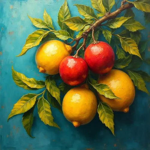 Create a vibrant, impressionistic painting focusing on a close-up of a branch laden with glossy red fruit and bright yellow lemons, set against a textured turquoise background. Emphasize bold brush st