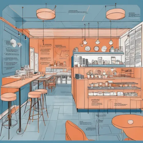 Interior design of a coffee shop, maximalist style, dusk blue and terracotta and cantaloupe color,retro diner,soda shop,kitchen shop,the coffee shop,coffee shop,ice cream shop,ice cream parlor,backgro