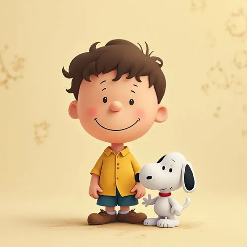happy child in Peanuts Snoopy style with blurred background,a small child holding a dog with a happy smile on his face,boy and dog,cute cartoon character,snoopy,cute cartoon image,kids illustration,tw