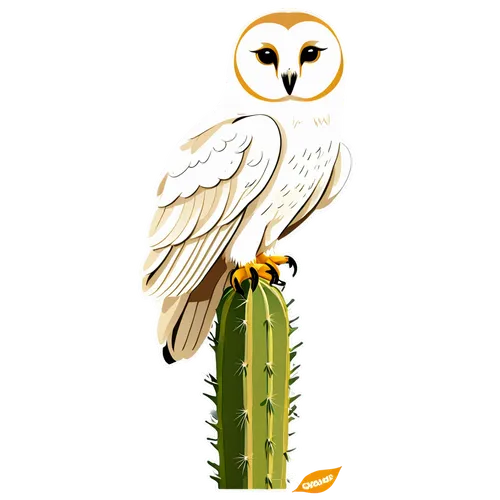 a cute white desert barn owl perched on a saguaro cactus,bird illustration,saguaro,flower and bird illustration,eagle illustration,owl drawing,owl background,owl,agave nectar,small owl,barn owl,egypti