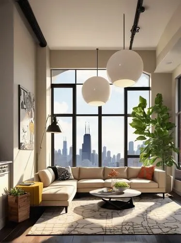 Modern affordable interior design, Chicago-style condo, living room, minimalist decor, IKEA furniture, cream-colored walls, dark hardwood floors, floor-to-ceiling windows, city skyline view, L-shaped 