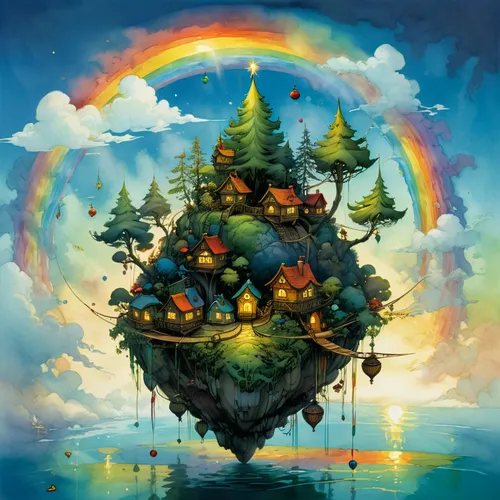 A series of floating islands, each representing a different aspect of Christmas. a rainbow on the sky. Design the islands to resemble ornaments, presents, or Christmas trees. Floating elements could b