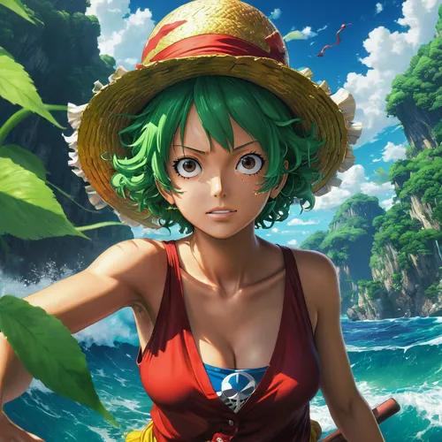 masterpiece, explicit, one piece style art, tatsumaki and luffy, pov, ,straw hat,nami,one piece,emerald sea,calm usopp,one-piece swimsuit,sanya,tiber riven,ashitaba,straw hats,tiki,bali,emerald,summer