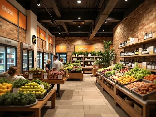 Vibrant grocery store interior, warm beige walls, rich wood accents, fresh green produce stands, colorful fruit displays, modern metal shelving, sleek glass refrigerators, earthy terracotta flooring, 