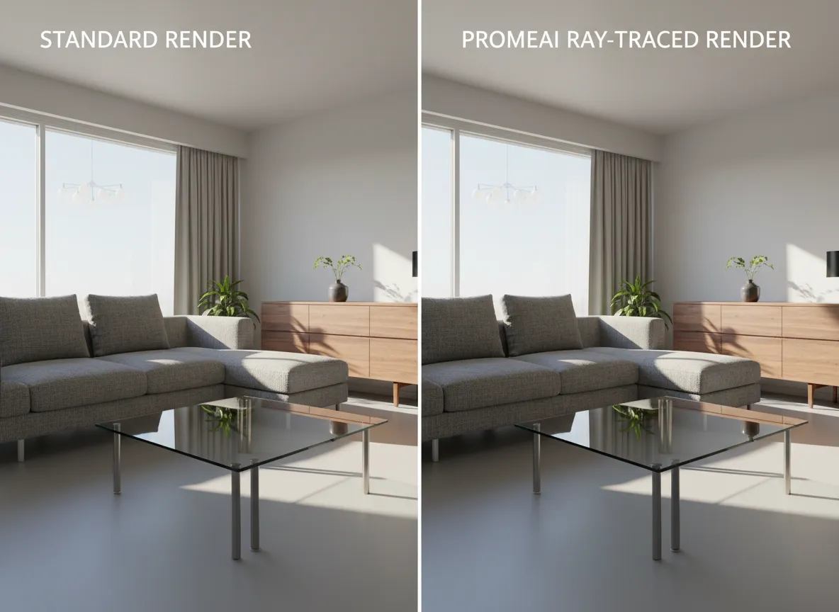 एक मानक रेंडर बनाम यथार्थवादी मटीरियल बनावट वाले PromeAI रे-ट्रेस्ड रेंडर की साथ-साथ तुलना।